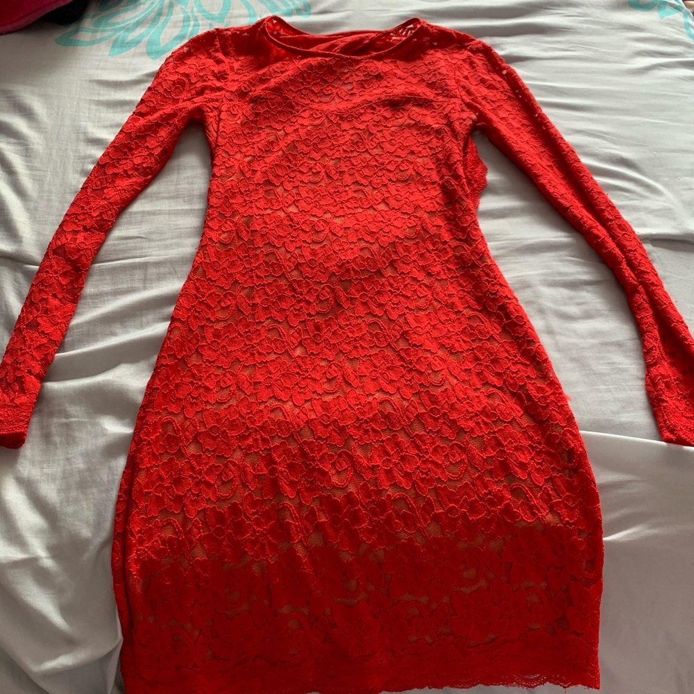 Red, lacy, open back dress from express
